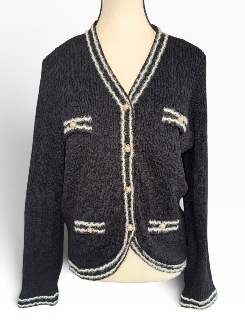 Grace Karin Black Cardigan Jacket Womens Pearl Buttons Contrast Trim Preppy Chic
